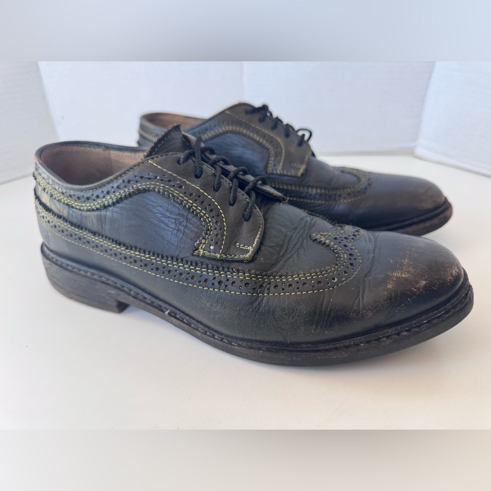 Frye Dark Distressed Lace Up Wingtip Yellow Stitching Oxford Shoes Women’s - Picture 7 of 12